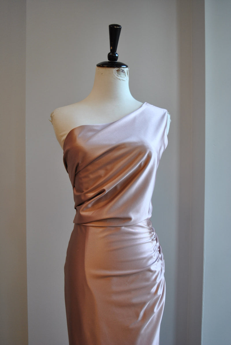 CLEARANCE - CHAMPAGNE LONG EVENING DRESS WITH SIDE SLIT