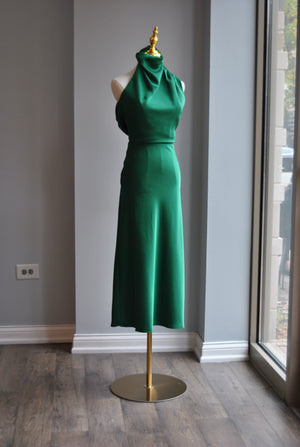 EMERALD GREEN  SILKY MIDI DRESS WITH ASYMMETRIC OPEN BACK