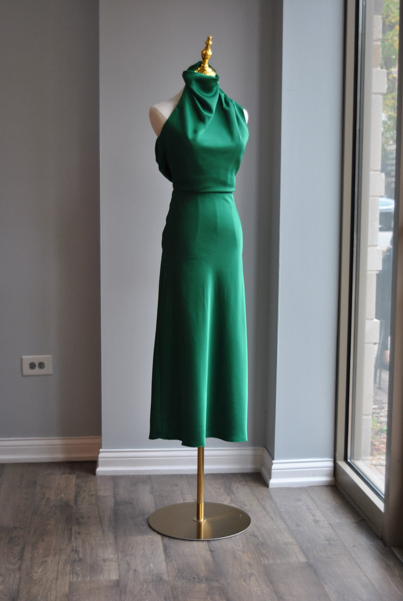 EMERALD GREEN  SILKY MIDI DRESS WITH ASYMMETRIC OPEN BACK