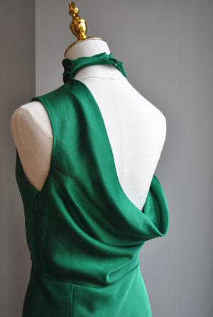 EMERALD GREEN  SILKY MIDI DRESS WITH ASYMMETRIC OPEN BACK