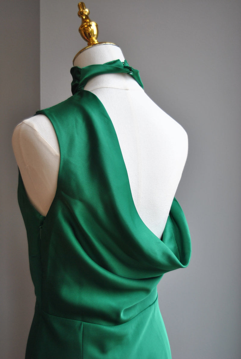EMERALD GREEN  SILKY MIDI DRESS WITH ASYMMETRIC OPEN BACK