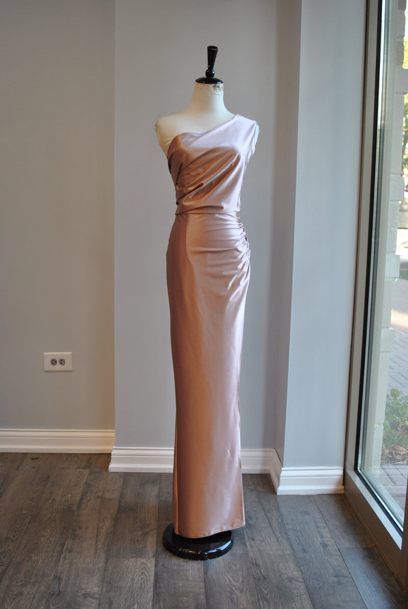 CHAMPAGNE LONG EVENING DRESS WITH SIDE SLIT