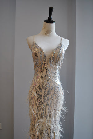 VANILLA LONG SEQUIN DRESS WITH FEATHERS
