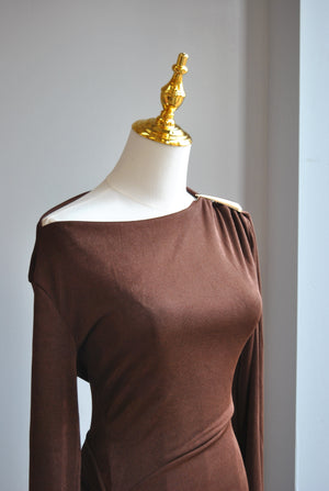 CHOCOLATE BROWN ASYMMETRIC STYLE LONG FIT DRESS