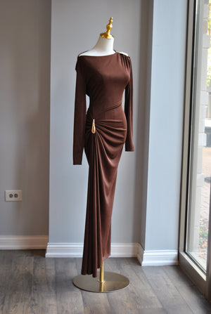 CHOCOLATE BROWN ASYMMETRIC STYLE LONG FIT DRESS