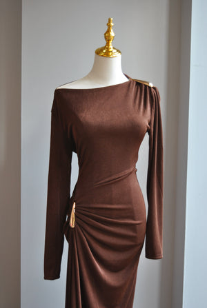 CHOCOLATE BROWN ASYMMETRIC STYLE LONG FIT DRESS