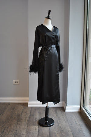 CLEARANCE - BLACK WRAP MIDI SILKY ELEGANT ROBE