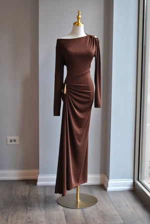 CHOCOLATE BROWN ASYMMETRIC STYLE LONG FIT DRESS