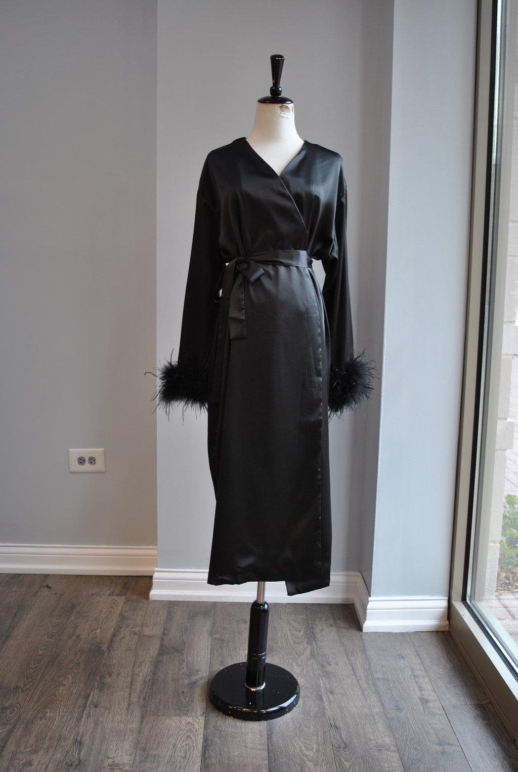 CLEARANCE - BLACK WRAP MIDI SILKY ELEGANT ROBE