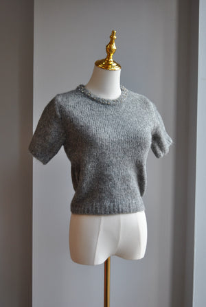GREY SWEATER WITH SHORT SLEEVES AND CRYSTALS