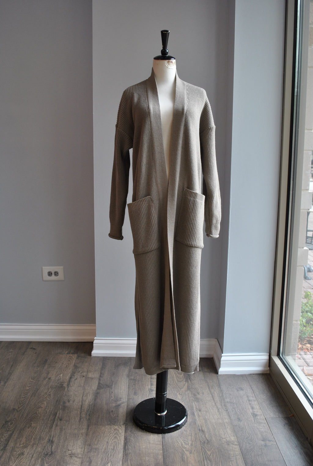 TAUPE OPEN LONG SWEATER CARDIGAN WITH SIDE POCKETS
