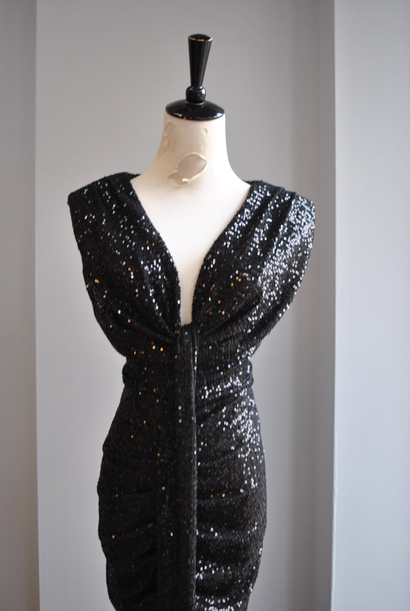 BLACK SEQUIN MIDI PARTY DRESS