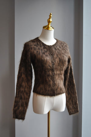 CHOCOLATE BROWN CHEETAH PRINT WOOL CARDIGAN