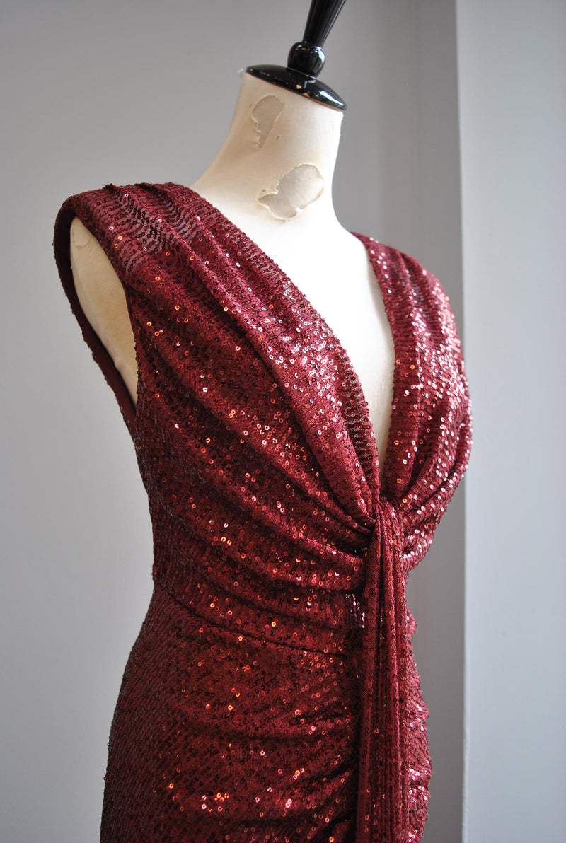 CLEARANCE - BURGUNDY SEQUIN MIDI PARTY DRESS