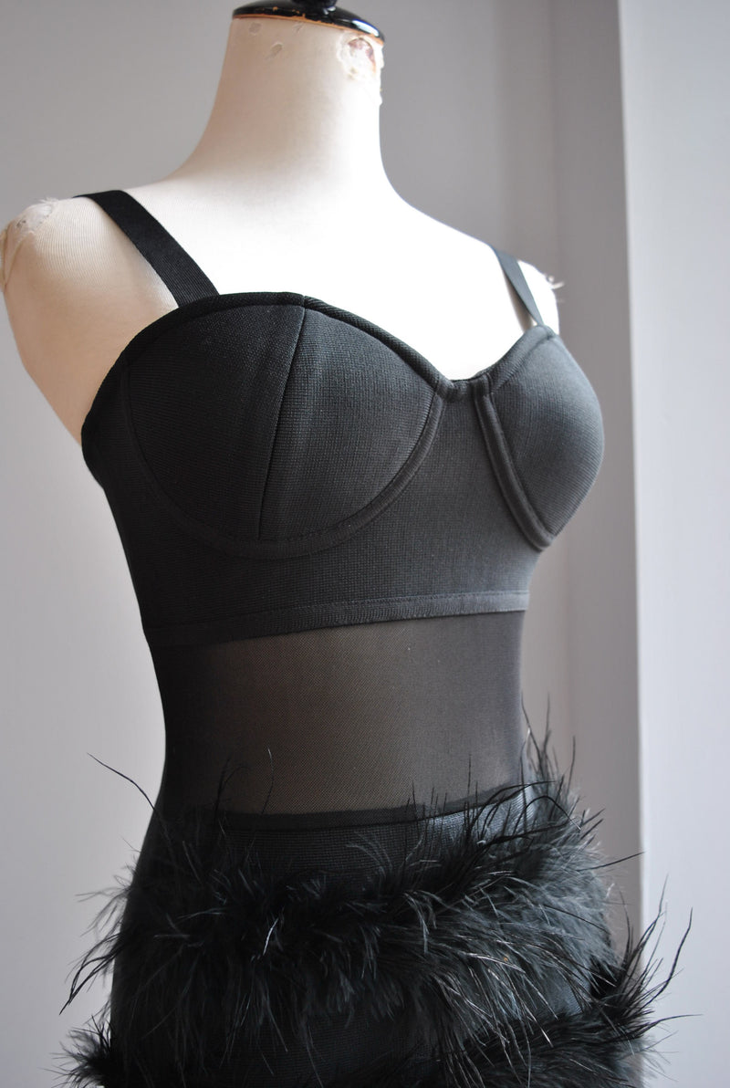 CLEARANCE - BLACK BANDAGE DRESS WITH FEATHERS