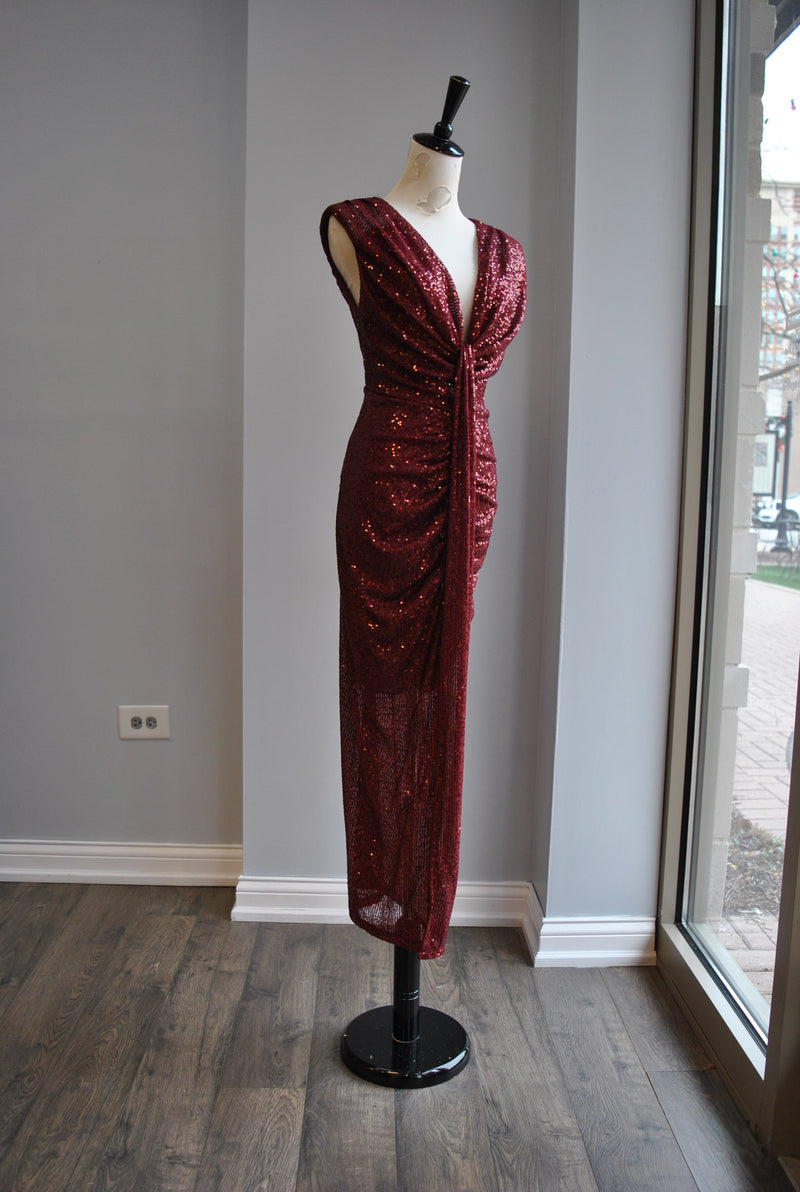 CLEARANCE - BURGUNDY SEQUIN MIDI PARTY DRESS