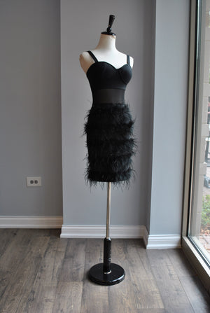 CLEARANCE - BLACK BANDAGE DRESS WITH FEATHERS