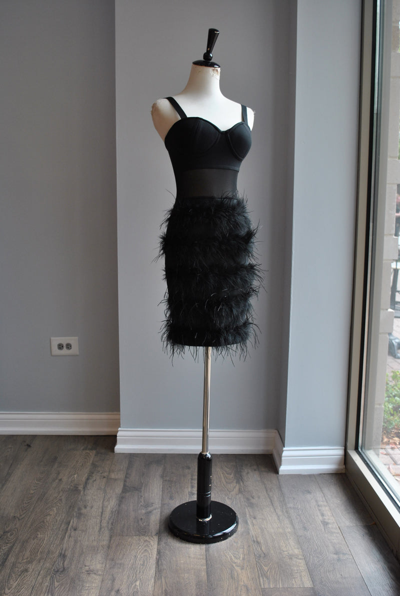 CLEARANCE - BLACK BANDAGE DRESS WITH FEATHERS