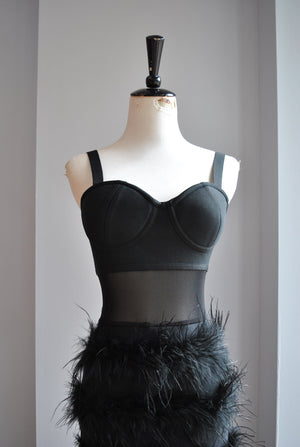 CLEARANCE - BLACK BANDAGE DRESS WITH FEATHERS