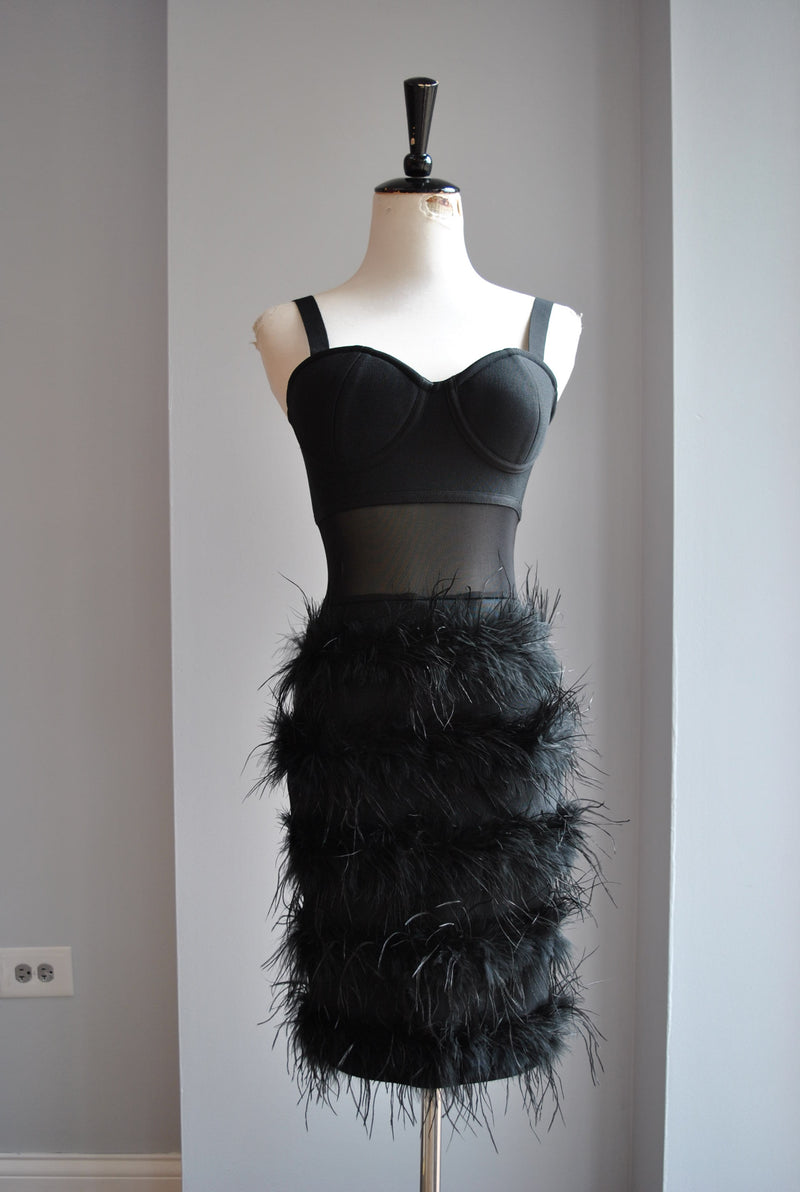 CLEARANCE - BLACK BANDAGE DRESS WITH FEATHERS
