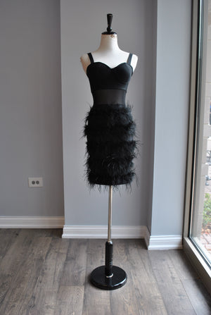 CLEARANCE - BLACK BANDAGE DRESS WITH FEATHERS