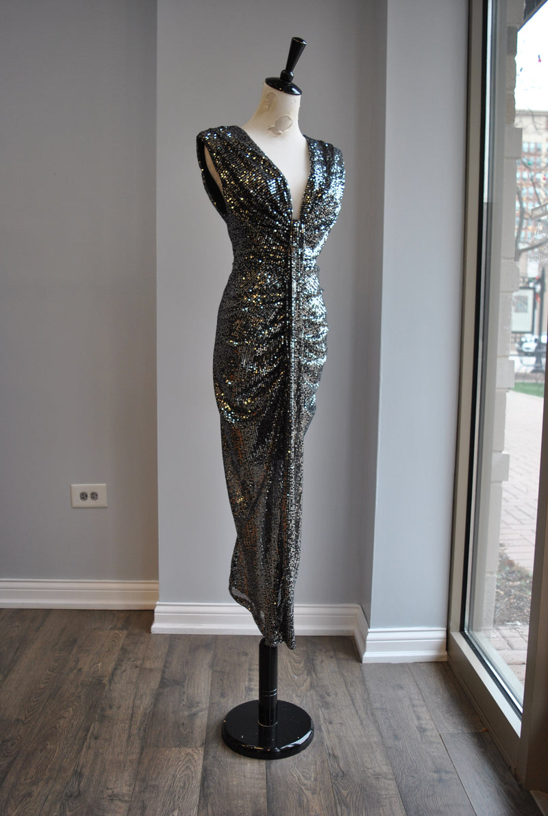 GUNMETAL SEQUIN MIDI PARTY DRESS