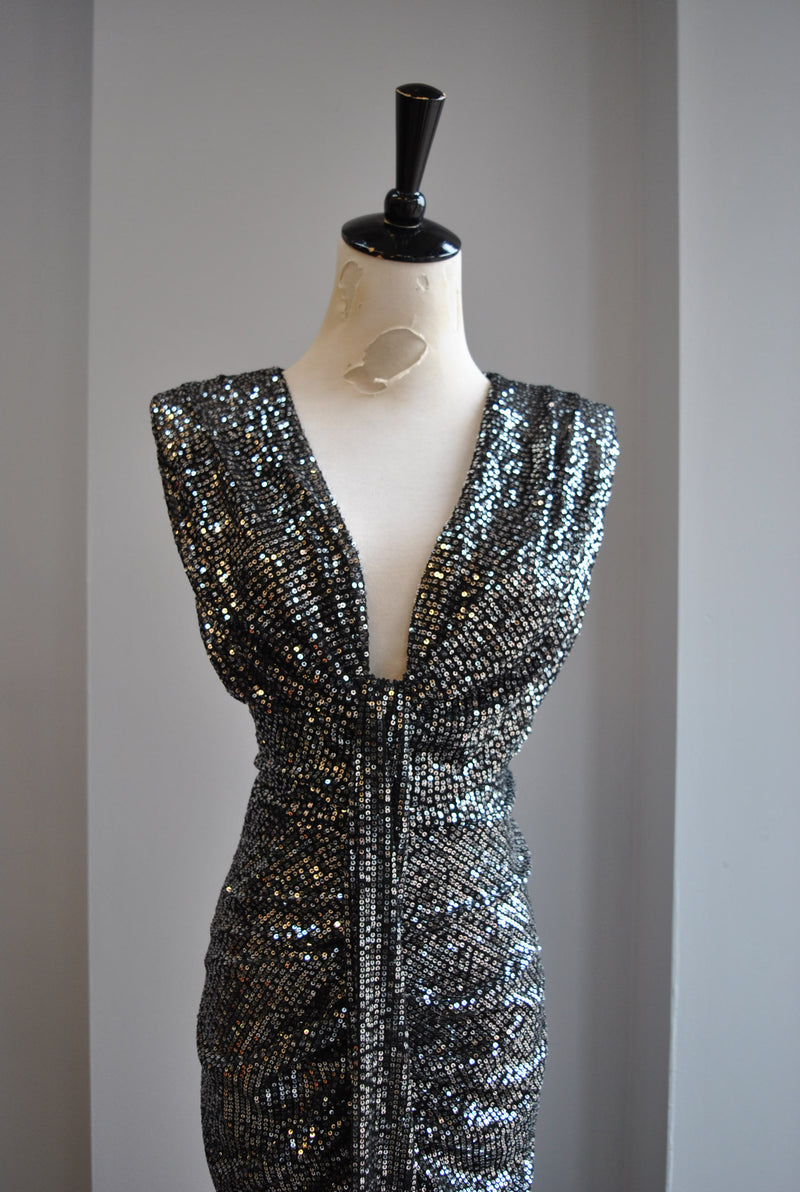 GUNMETAL SEQUIN MIDI PARTY DRESS