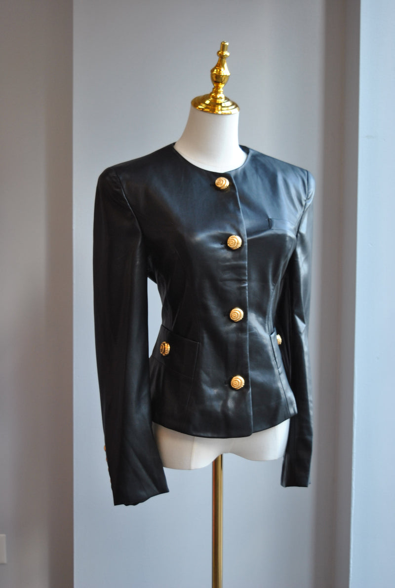 ECO LEATHER CROPPED BLAZER WITH GOLD BUTTONS