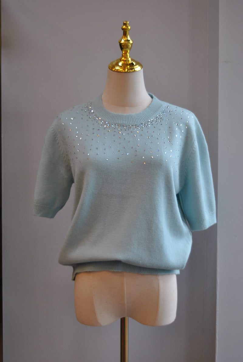 TEAL BLUE SWEATER TOP WITH CRYSTALS