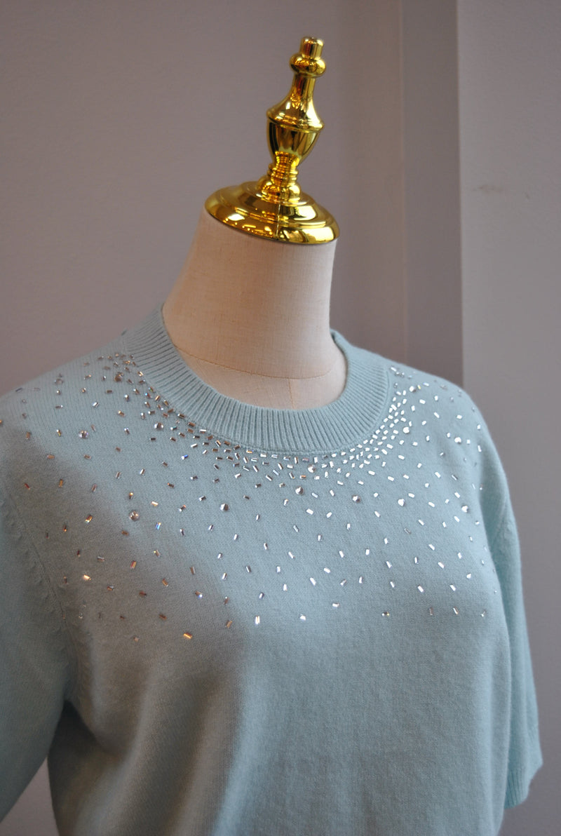 TEAL BLUE SWEATER TOP WITH CRYSTALS