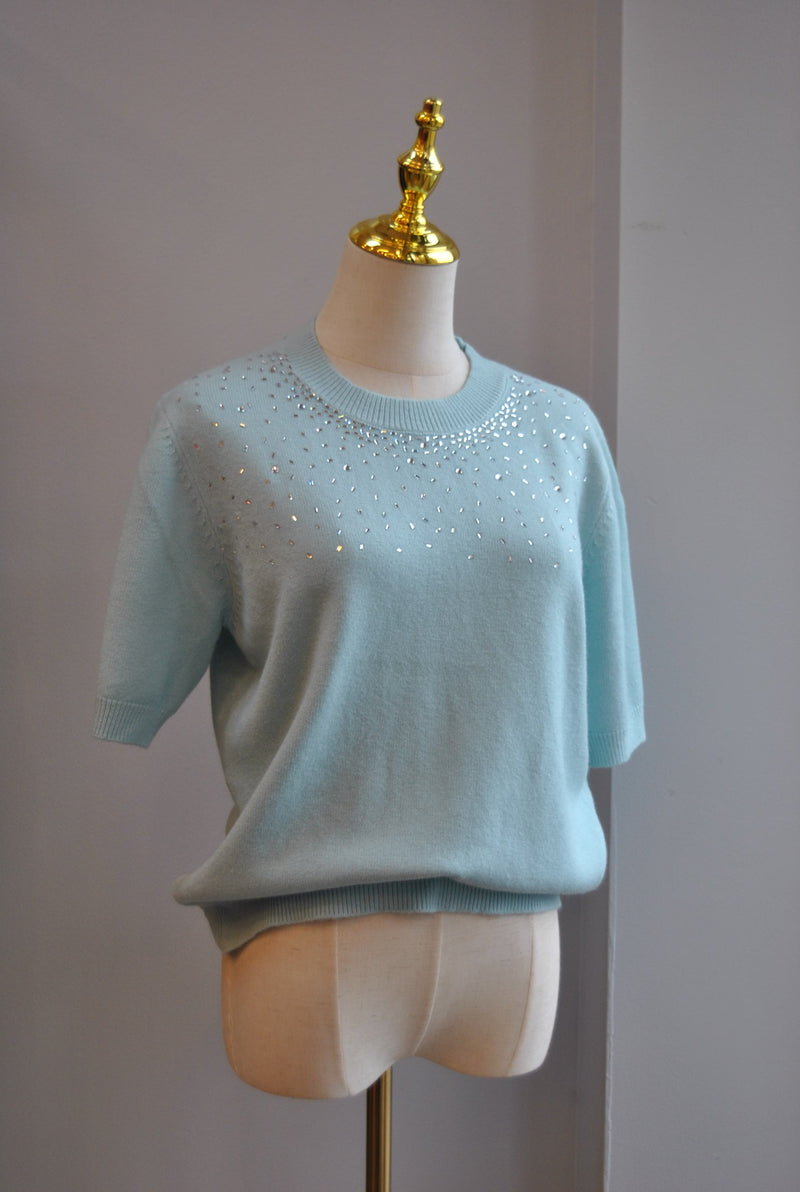 TEAL BLUE SWEATER TOP WITH CRYSTALS