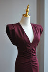 BURGUNDY MIDI DRESS WITH FRONT RUSHING