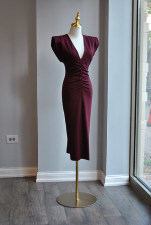 BURGUNDY MIDI DRESS WITH FRONT RUSHING