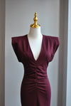 BURGUNDY MIDI DRESS WITH FRONT RUSHING
