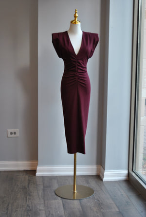 BURGUNDY MIDI DRESS WITH FRONT RUSHING