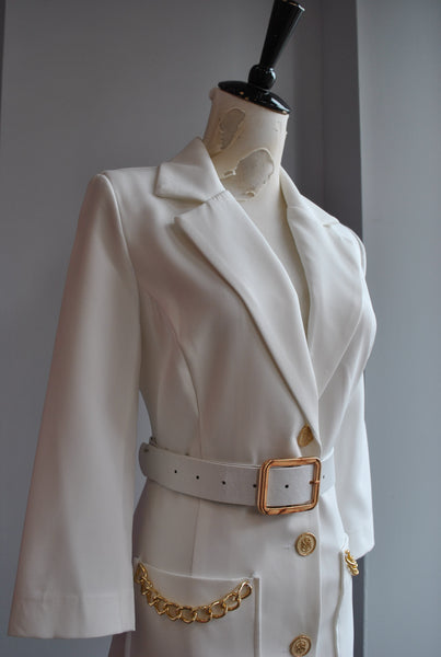 WHITE JACKET DRESS WITHA BELT – Le Obsession Boutique
