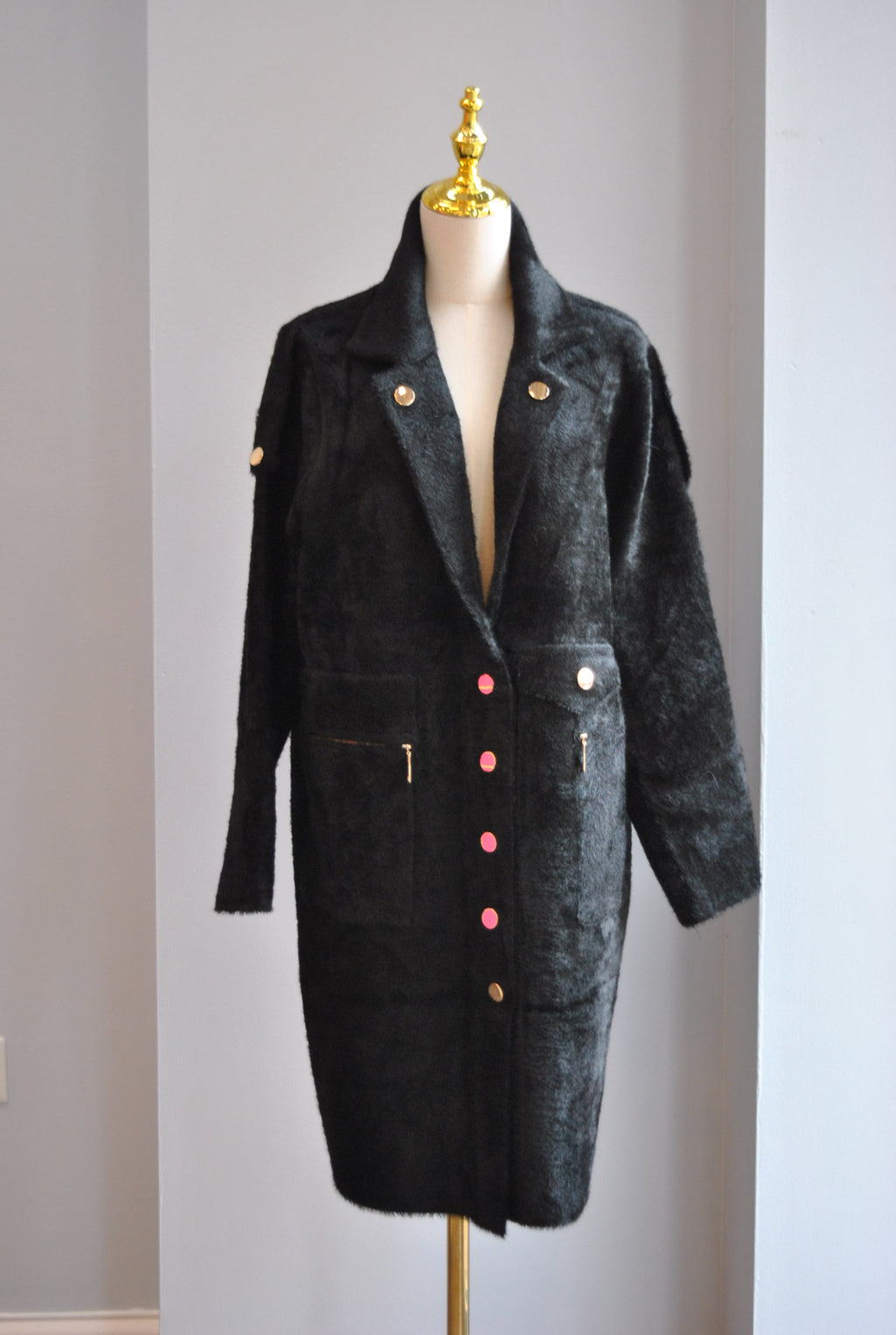 BLACK ALPAKA COAT WITH GOLD BUTTONS