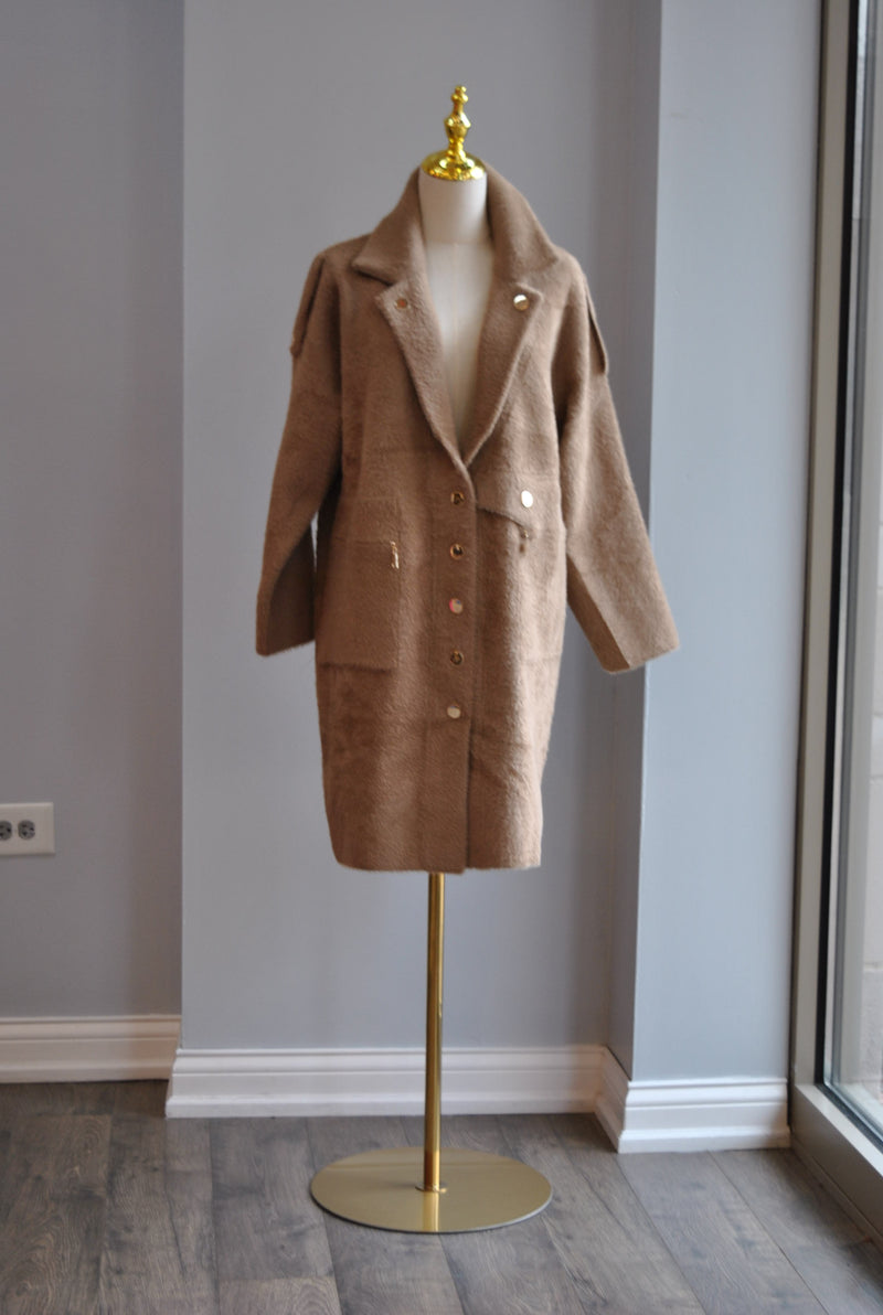 TAUPE ALPAKA COAT WITH GOLD BUTTONS