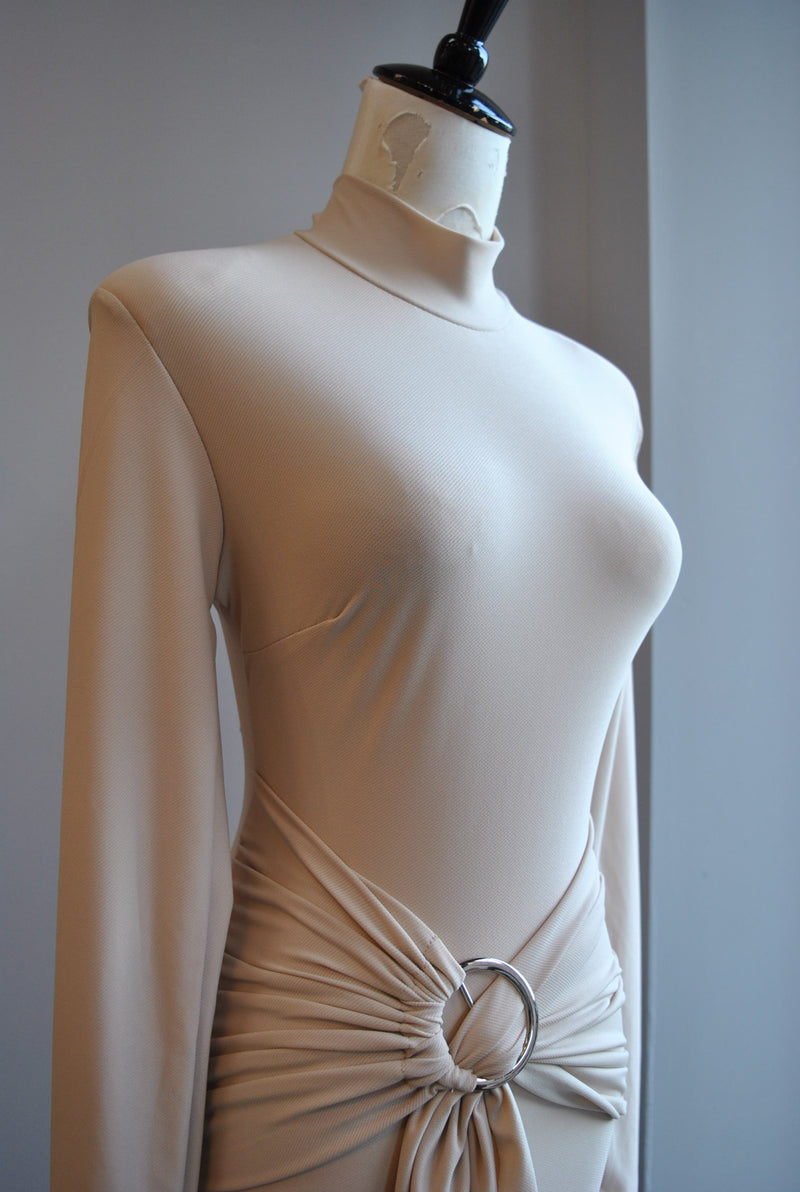 CLEARANCE - LIGHT BEIGE MIDI SIMPLE DRESS WITH FRONT RUSHING