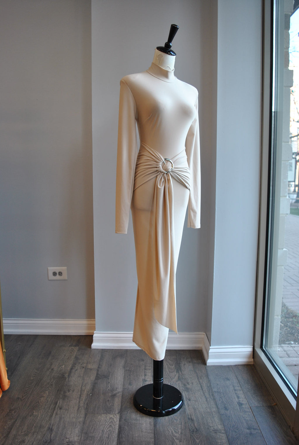 CLEARANCE - LIGHT BEIGE MIDI SIMPLE DRESS WITH FRONT RUSHING