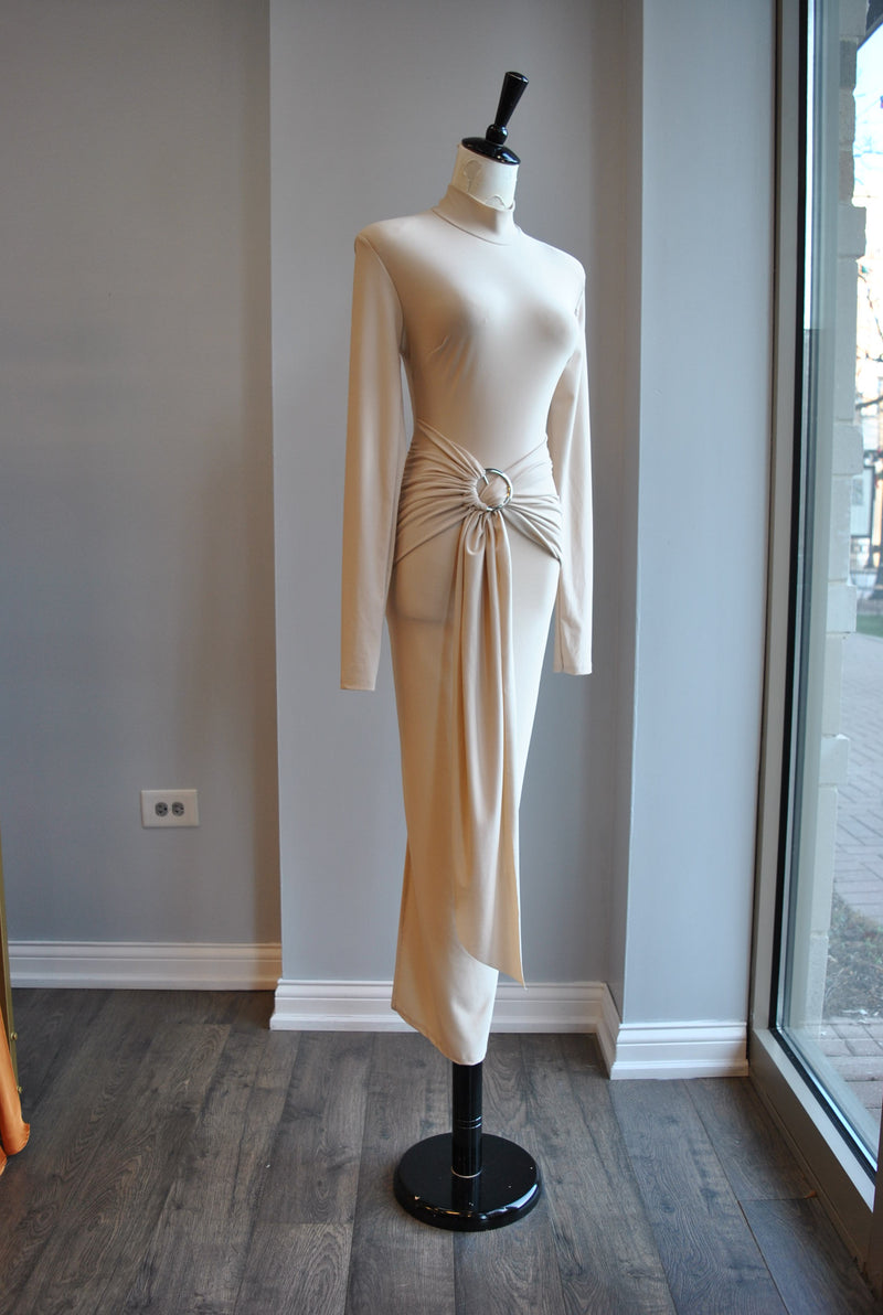 CLEARANCE - LIGHT BEIGE MIDI SIMPLE DRESS WITH FRONT RUSHING