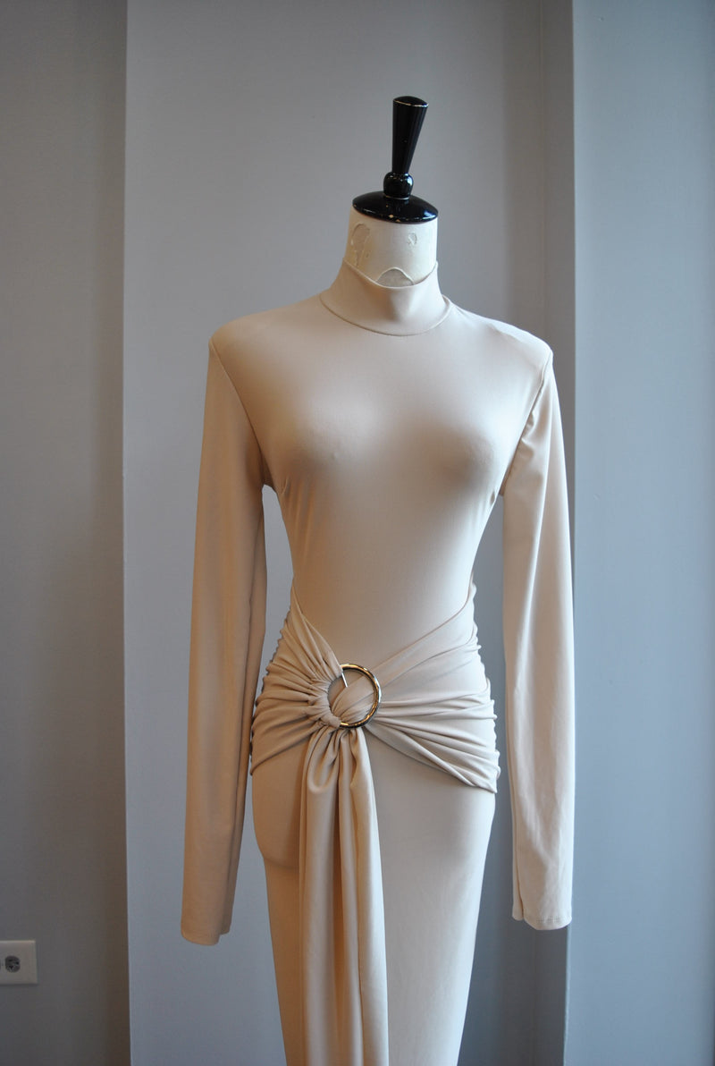 CLEARANCE - LIGHT BEIGE MIDI SIMPLE DRESS WITH FRONT RUSHING