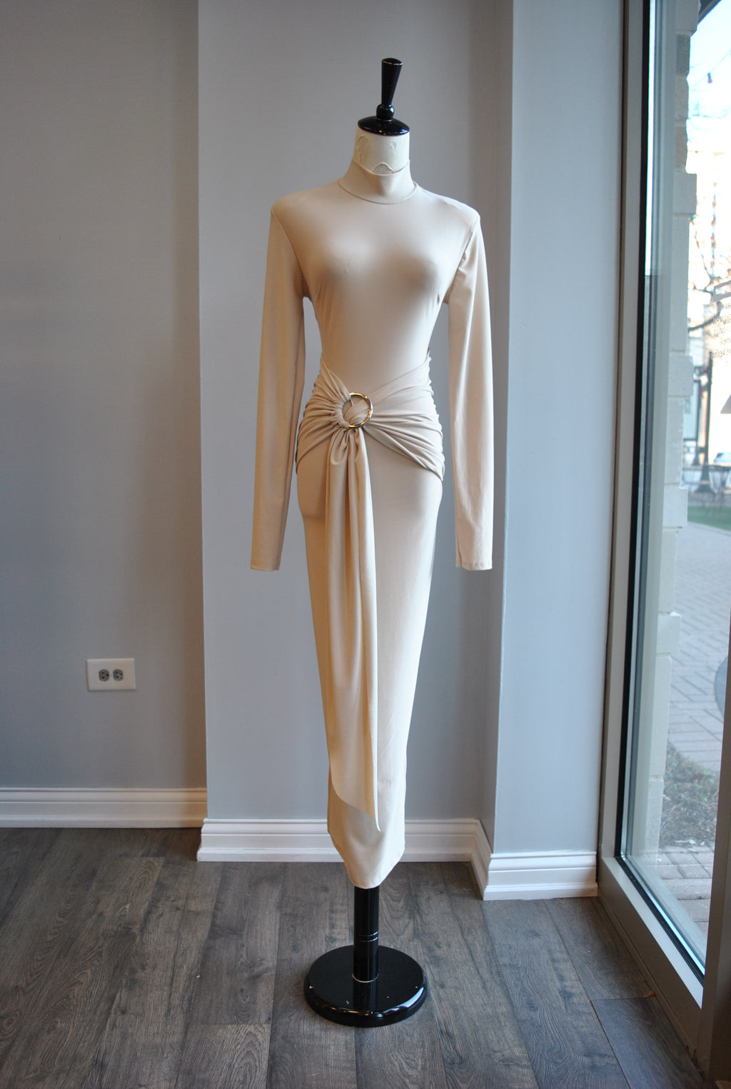 CLEARANCE - LIGHT BEIGE MIDI SIMPLE DRESS WITH FRONT RUSHING
