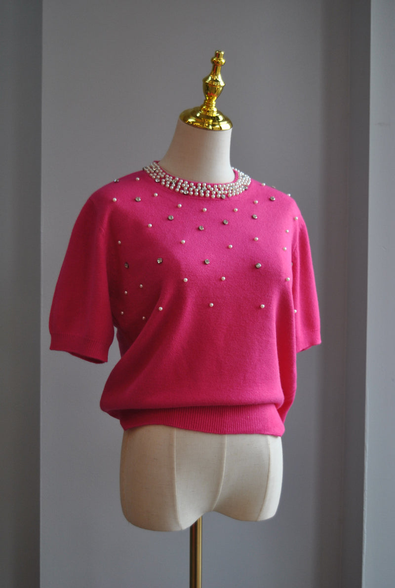 FUCHSIA PINK SWEATER TOP WITH CRYSTALS