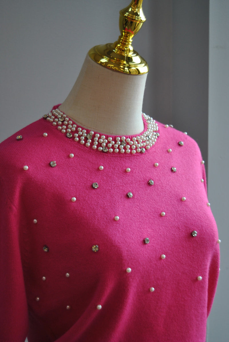FUCHSIA PINK SWEATER TOP WITH CRYSTALS