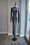 GREY MIDI SIMPLE DRESS WITH FRONT RUSHING