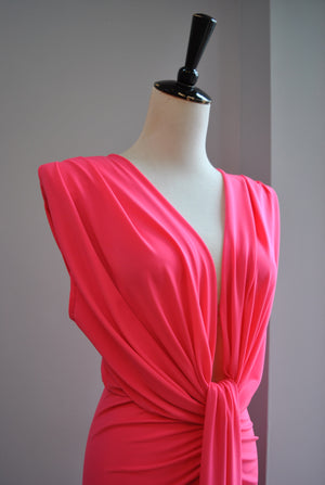 HOT PINK MIDI DRESS WITH FRONT RUSHING