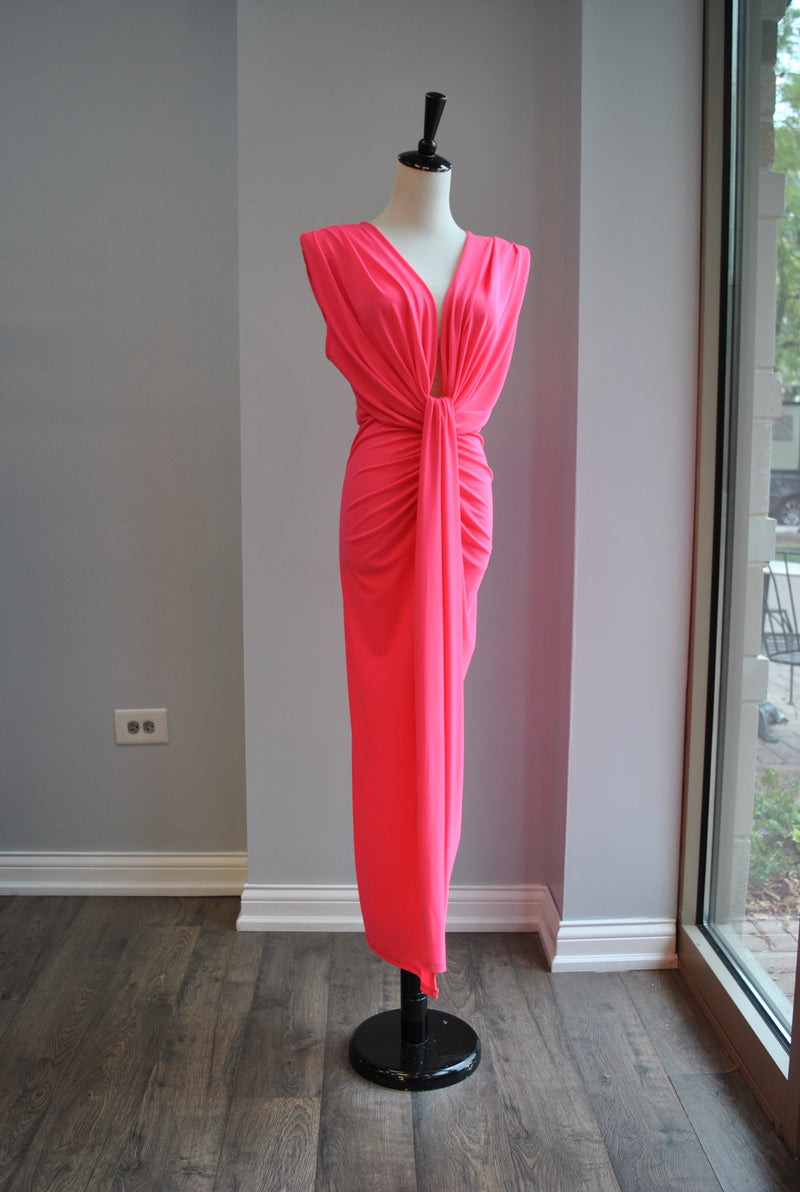 HOT PINK MIDI DRESS WITH FRONT RUSHING