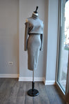 CLEARANCE - GREY SWEATER DRESS WITH HIGH NECK AND COLD SHOULDERS
