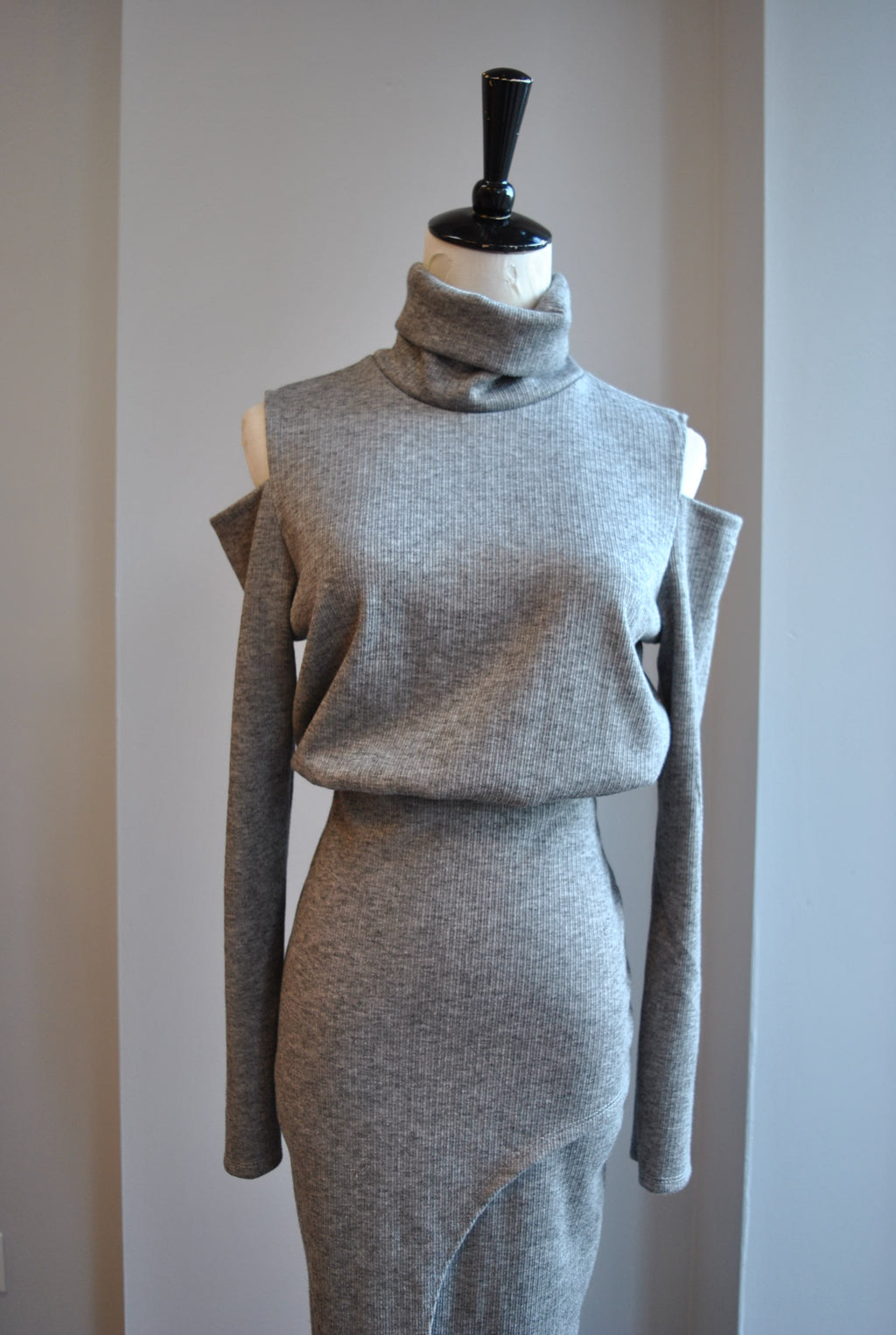 CLEARANCE - GREY SWEATER DRESS WITH HIGH NECK AND COLD SHOULDERS